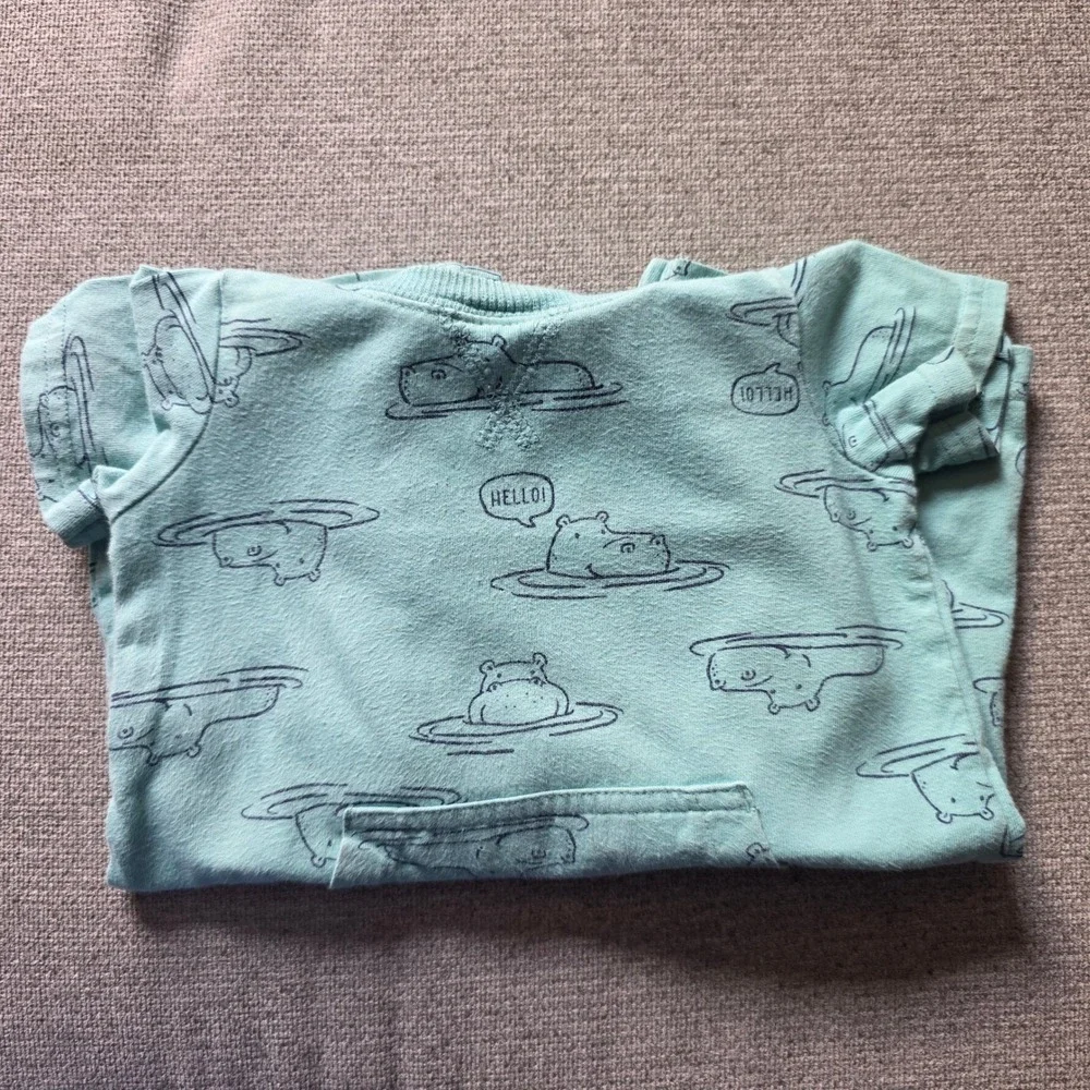 Carters Baby Boy Hippo Print Hooded Romper Teal Blue 12 Months Short Sleeve